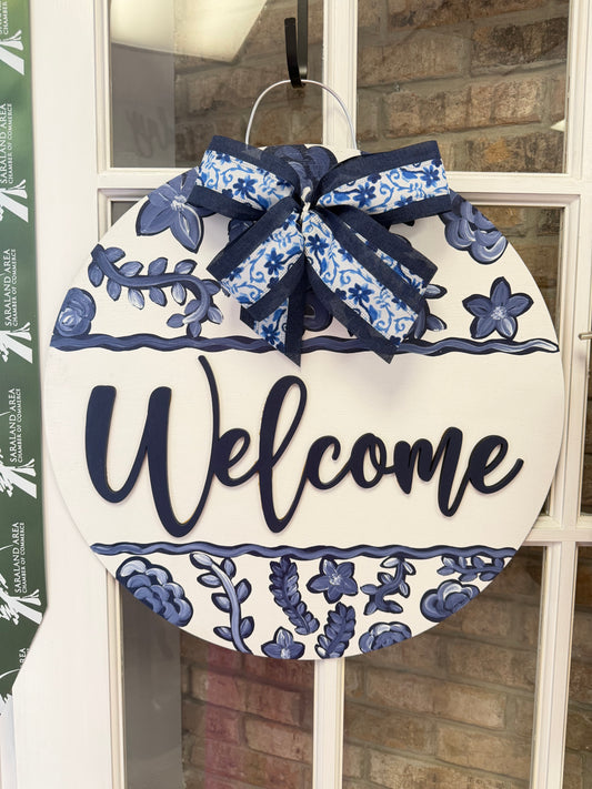 Blue Floral Door Hanger with Navy Welcome