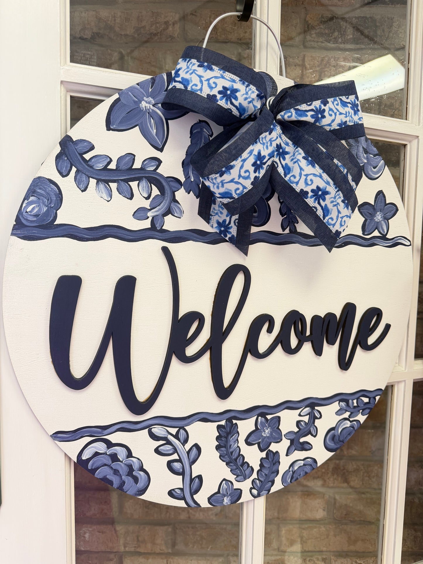 Blue Floral Door Hanger with Navy Welcome