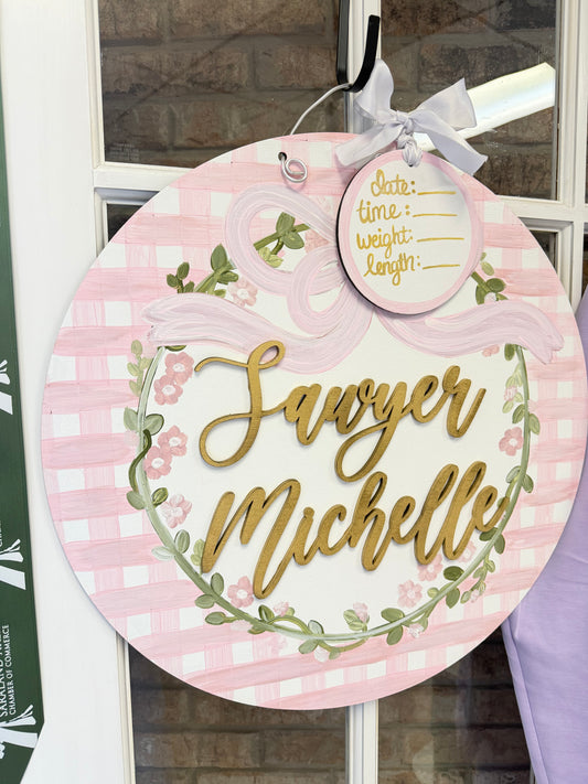 Baby Pink Buffalo Plaid Hospital Door Hanger