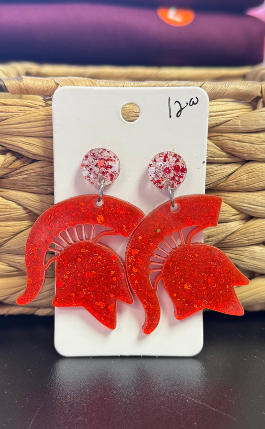 Red Glitter Spartan Head Earrings