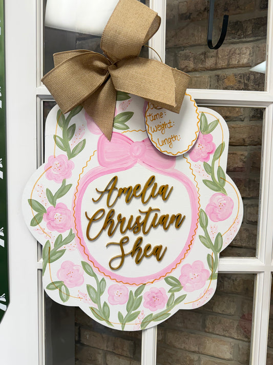 Soft Pink Floral Hospital Door Hanger (with gold accents)