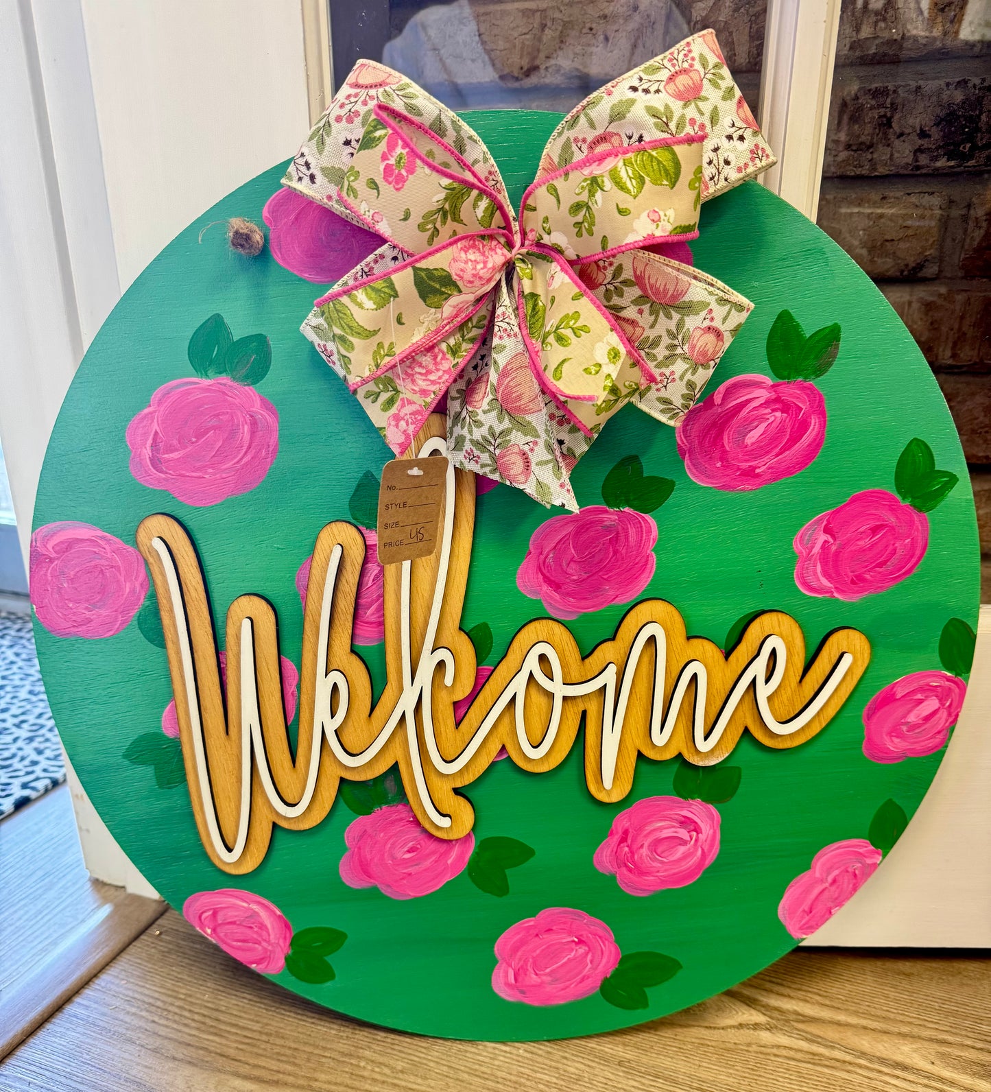 Green & pink Roses Door hanger