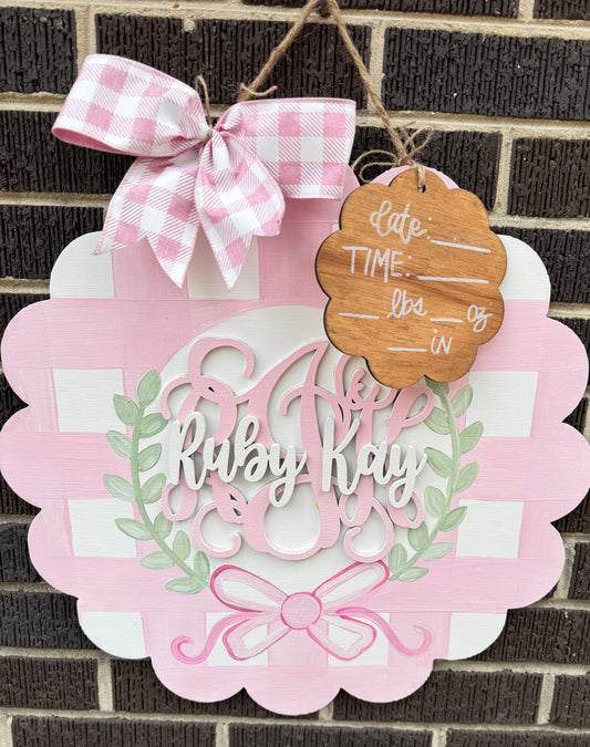 Scalloped Pink Monogram Door Hanger Hospital